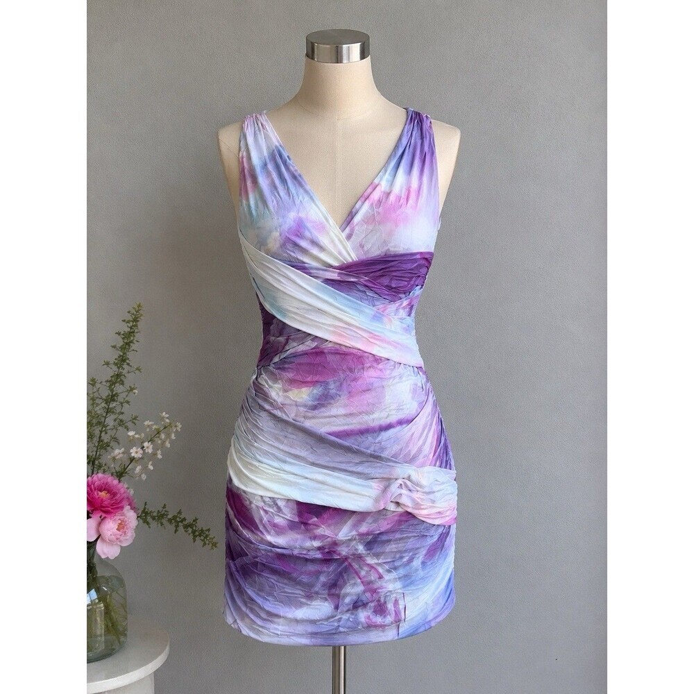 Roberto Cavalli Ruched Bodycon Dress IT 42 US 6 Purple Watercolor NWT Italy